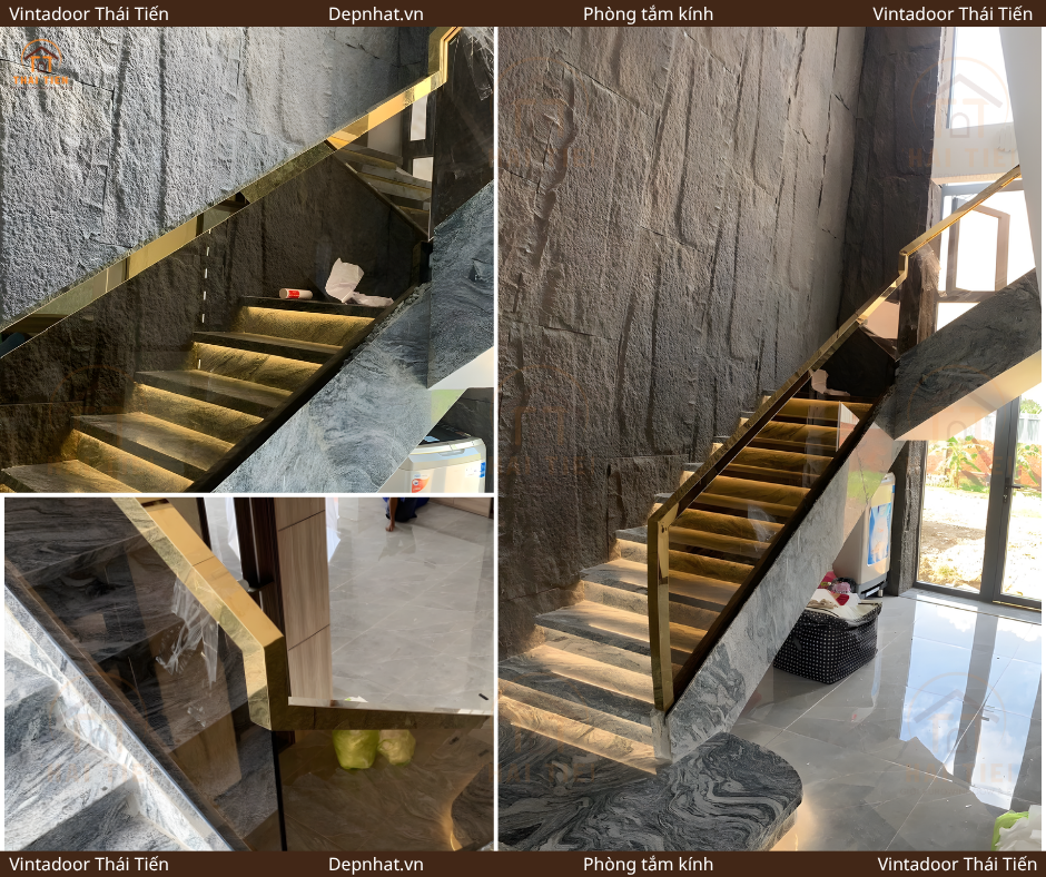 Cầu thang kính 10mm màu trà – tay vịn inox mạ PVD vàng Nhơn Trạch Đồng Nai